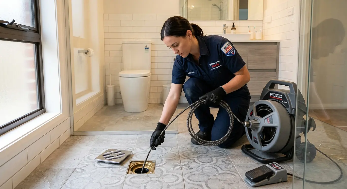 Technician clearing a bathroom floor drain for Drain Repair in New Hope